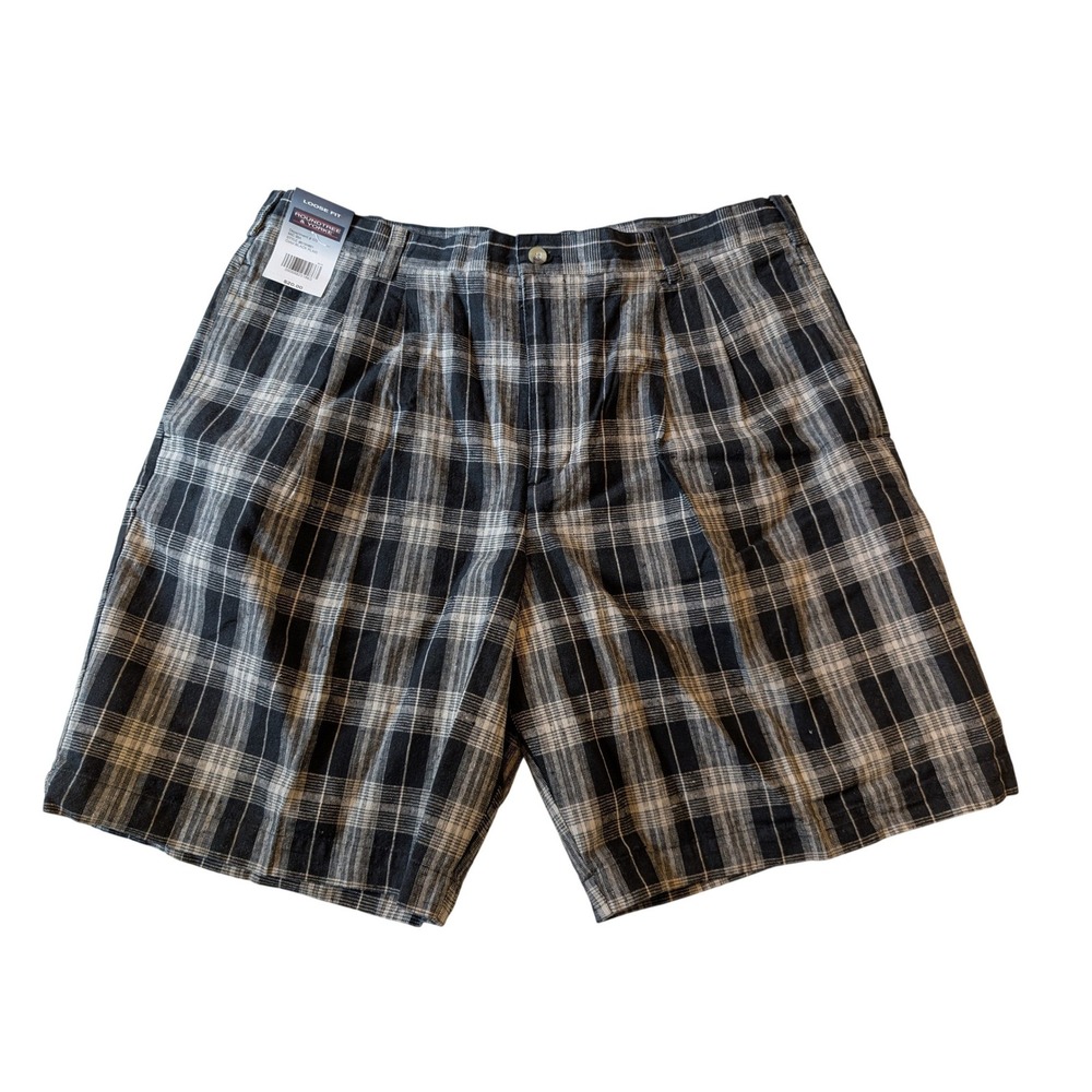 VTG Roundtree York Mens 38 Black Plaid Loose Fit Flat Front Linen Shorts Size 36